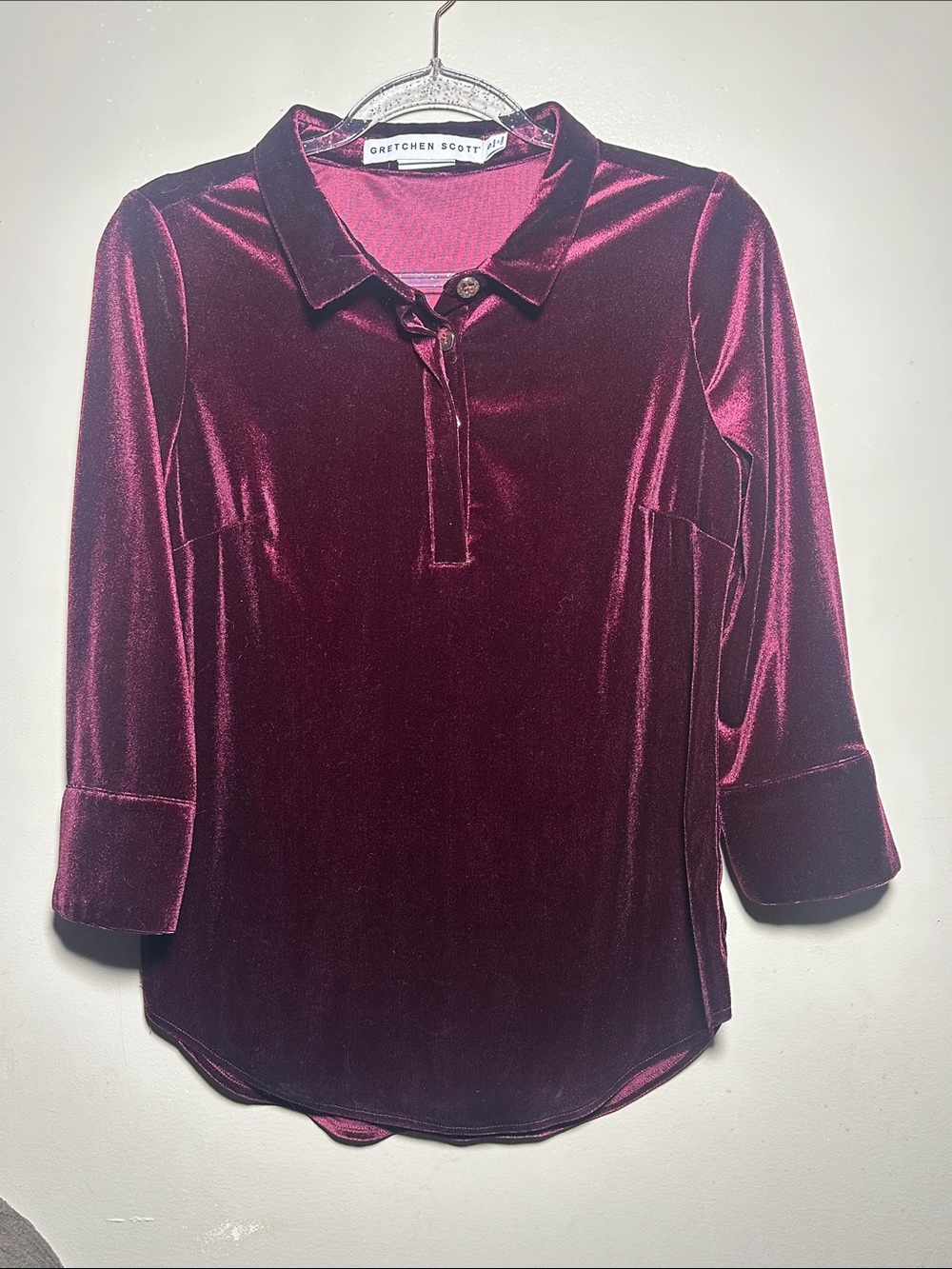 Gretchen Scott Small Maroon Velvet Quarter Button Pullover Top